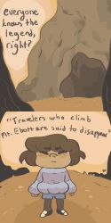 Rule 34 | androgynous, brown hair, cave, comic, dark skin, english text, frisk (undertale), gender request, highres, mountain, mushroomstairs, shirt, spoilers, striped clothes, striped shirt, sweater, undertale