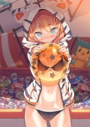 Rule 34 | 1girl, :o, absurdres, animal ears, animal hood, animal print, aqua eyes, ball, beachball, bikini, black bikini, blade (galaxist), blonde hair, blue eyes, blurry, blush, bottomless, breast press, breasts, can, cat ears, cowboy shot, cropped, depth of field, drink can, fake animal ears, highres, holding, hood, hoodie, hugging object, long hair, long sleeves, navel, open clothes, open hoodie, parted lips, scan, see-through, shiny skin, sitting, small breasts, soda can, solo, swimsuit, tiger ears, tiger print, toranoana, unzipped, zipper