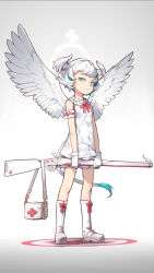 Rule 34 | 1girl, angel, angel wings, antique firearm, armband, bag, bare shoulders, blue eyes, blue hair, blvefo9, boots, bow, breasts, closed mouth, commentary request, cross, dress, feathered wings, firearm, firelock, flintlock, full body, gloves, glowing, gradient background, grey background, gun, halo, head wings, heart, highres, holding, holding gun, holding weapon, knee boots, looking at viewer, multicolored hair, original, red bow, shoulder bag, sleeveless, sleeveless dress, small breasts, solo, standing, two-tone hair, weapon, white background, white dress, white footwear, white gloves, white hair, wings