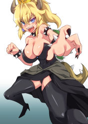Rule 34 | 1girl, abs, aiming, aiming at viewer, aqua background, bare shoulders, black footwear, black leotard, black nails, black skirt, black thighhighs, blonde hair, blue eyes, blush, borrowed character, bowsette, bracelet, breasts, brooch, cleavage, clenched hand, collar, earrings, eyebrows, eyelashes, fingernails, foreshortening, gradient background, hair between eyes, high heels, highres, horns, jewelry, large breasts, leotard, long skirt, looking at viewer, mario (series), nail polish, new super mario bros. u deluxe, nintendo, open clothes, open skirt, outline, ponytail, reaching, sangue llia, sharp fingernails, sharp teeth, shiny clothes, shiny skin, short hair, sidelocks, skirt, slit pupils, solo, spiked bracelet, spiked collar, spiked shell, spiked tail, spikes, stance, strapless, strapless leotard, super crown, tail, teal background, teeth, thighhighs, thighs, toned, tongue, tongue out, tsurime, white background