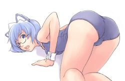 Rule 34 | 2k-tan, all fours, ass, bent over, blue eyes, blue hair, cameltoe, glasses, kawaraya (pixiv6596), one-piece swimsuit, open mouth, os-tan, school swimsuit, short hair, solo, sweat, swimsuit