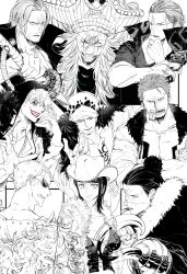 Rule 34 | 1girl, 6+boys, absurdres, benn beckman, breasts, buggy the clown, chest tattoo, cleavage, cowboy hat, crocodile (one piece), donquixote doflamingo, donquixote rocinante, extra arms, facial hair, feather coat, finger tattoo, frown, fur hat, goatee, hana hana no mi, hat, highres, hood, hood up, hook hand, large breasts, long sideburns, looking at viewer, looking back, mabu dachi43, medium breasts, multiple boys, muscular, muscular male, nico robin, nico robin (alabasta), one piece, outstretched hand, panther print, pectoral cleavage, pectorals, red lips, seductive smile, serious, shanks (one piece), sheath, short hair, sideburns, smile, smoker (one piece), smoking, spot color, sunglasses, tattoo, thick eyebrows, tongue, tongue out, trafalgar law, uneven eyes, unsheathing