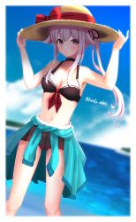 Rule 34 | 1girl, adapted costume, bikini, black bikini, black skirt, blue jacket, blue sky, clothes around waist, cloud, commentary request, day, feet out of frame, flower, hair flower, hair ornament, harusame (kancolle), highres, horizon, jacket, jacket around waist, kantai collection, long hair, ocean, outdoors, pink hair, pleated skirt, red eyes, side ponytail, skirt, sky, solo, swimsuit, toketa-sekai
