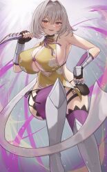Rule 34 | 1girl, absurdres, armor, armored boots, armpits, blush, boots, breasts, cleavage, commission, dagger, dress, fingerless gloves, floral print, gloves, grey hair, hand up, highres, holding, holding dagger, holding knife, holding shuriken, holding weapon, huge breasts, knife, looking at viewer, mole, mole on breast, mole under eye, open mouth, original, pelvic curtain, pixiv commission, red eyes, revealing clothes, short hair, shou ienaga, shuriken, sleeveless, sleeveless dress, smile, solo, v-shaped eyebrows, vambraces, weapon