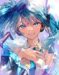Rule 34 | 1girl, :d, absurdres, arm at side, armpit crease, bare shoulders, black sleeves, blue eyes, blue hair, blue nails, blue necktie, breasts, collared shirt, commentary, detached sleeves, grin, hair between eyes, hair ornament, hand on own chest, hatsune miku, head tilt, headset, highres, karanagare, long bangs, long sleeves, looking at viewer, nail polish, necktie, open mouth, shirt, sidelocks, sleeveless, sleeveless shirt, small breasts, smile, solo, teeth, vocaloid, white shirt
