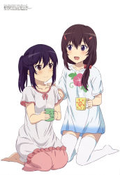 Rule 34 | 2girls, :d, absurdres, barefoot, black hair, bow, brown eyes, brown hair, closed mouth, collarbone, cup, frills, fujimiya konomi, furukawa hideki, hair between eyes, hair bow, hair ornament, hairclip, hand on another&#039;s shoulder, highres, holding, holding cup, ichijou hotaru, kneeling, looking at another, megami magazine, multiple girls, nightgown, non non biyori, official art, open mouth, pajamas, ponytail, scan, shirt, short sleeves, side ponytail, sidelocks, simple background, sitting, smile, steam, thighhighs, wariza, white background, white legwear, white nightgown, white shirt