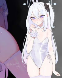 Rule 34 | 1girl, animal ears, ass, beijuu, blue archive, blue halo, blush, detached collar, fake animal ears, halo, highres, leotard, long hair, miyako (blue archive), multiple views, one side up, parted lips, purple eyes, rabbit ears, signature, strapless, strapless leotard, thighhighs, twitter username, white hair, white leotard, white thighhighs