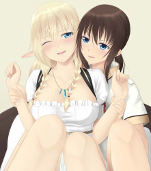 Rule 34 | 2girls, holding another&#039;s arm, blonde hair, blue eyes, blush, braid, breasts, brown hair, cleavage, collarbone, dirndl, german clothes, holding own arm, jewelry, john (kakurenbo), long hair, multiple girls, necklace, one eye closed, original, pointy ears, sidelocks, sitting, traditional clothes, twin braids, wince, wink, yuri