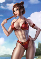 Rule 34 | 1girl, abs, armband, avatar: the last airbender, avatar legends, beach, bikini, blue eyes, breasts, brown hair, dandon fuga, folded fan, folding fan, hair bun, hand fan, highres, large breasts, looking at viewer, pinup (style), red armband, red bikini, solo, suki (avatar), swimsuit, thighs