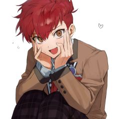 Rule 34 | 1boy, bad id, bad twitter id, blush, brown eyes, brown jacket, buried stars, fang, hair between eyes, hands on own cheeks, hands on own face, heart, highres, jacket, korean commentary, long sleeves, male focus, monza (saeumon), open mouth, pants, plaid, plaid pants, red hair, seo hyesung, simple background, solo, sweat, undercut, white background