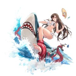 1girl ;o ankle_grab barefoot beach bikini blush breasts brown_hair can chilunchilun criss-cross_halter day drink_can feet fingernails flower girls&#039;_frontline green-framed_eyewear gun halterneck hand_up hat hat_flower highres inflatable_shark inflatable_toy large_breasts long_hair mountainous_horizon nail_polish octopus official_alternate_costume official_art one_eye_closed open_mouth outdoors palm_tree pink_nails red_eyes red_flower riding shutter_shades simple_background skindentation soda_can soles solo splashing straw_hat submachine_gun sun_hat swimsuit tentacles third-party_source toenail_polish toenails toes transparent_background tree type_64_(girls&#039;_frontline) type_64_(shark-riding_beauty)_(girls&#039;_frontline) type_64_smg unworn_eyewear unworn_hat unworn_headwear very_long_hair water weapon white_bikini