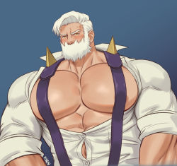 Rule 34 | 1boy, abs, absurdres, bara, beard, blush, bursting pectorals, chest tattoo, creatures (company), drayden (pokemon), facial hair, game freak, gym leader, highres, k sen212, large pectorals, looking at viewer, male focus, manly, muscular, nintendo, open clothes, open shirt, pectorals, pokemon, pokemon bw, shirt, short hair, sleeves rolled up, solo, suspenders, tattoo, upper body, wardrobe malfunction, white shirt, yellow eyes
