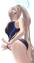 Rule 34 | ass, asuna (blue archive), bare arms, bare shoulders, black one-piece swimsuit, blue archive, blue eyes, breasts, brown hair, from behind, frontal wedgie, hair ornament, halo, highres, large breasts, long hair, looking at viewer, looking back, one-piece swimsuit, parted lips, silver bullet (ecc12 8), simple background, smile, swimsuit, teeth, thighs, wedgie, white background