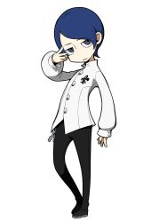 Rule 34 | 10s, 1boy, :|, blue hair, charm (object), closed mouth, fleur-de-lis, grey eyes, hand on own face, highres, kitagawa yuusuke, official art, persona, persona 5, persona q2: new cinema labyrinth, persona q (series), shirt, white shirt