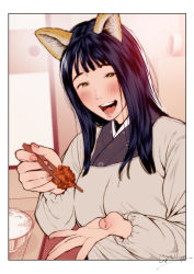 Rule 34 | 1girl, animal ears, apron, black hair, blunt bangs, blurry, blurry background, blush, bowl, breasts, chicken (food), dress, feeding, food, fox ears, fox girl, fox tail, fried chicken, highres, incoming food, indoors, japanese clothes, jorori, kappougi, kimono, long hair, long sleeves, looking at viewer, mole, mole under eye, mole under mouth, nail polish, open mouth, original, pink nails, pov, purple kimono, rice, rice bowl, room, smile, solo, straight hair, table, tail, white dress