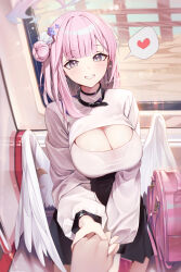 Rule 34 | 1girl, 1other, absurdres, alternate costume, blue archive, breasts, cleavage, commentary, hair bun, halo, heart, highres, huge breasts, long hair, long sleeves, looking at viewer, mika (blue archive), muo (muojjang 0929), pink bag, pink hair, single side bun, smile, solo focus, spoken heart, very long hair, yellow eyes