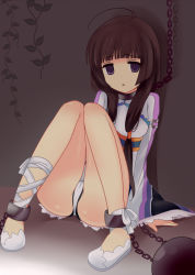 Rule 34 | 1girl, bad id, bad pixiv id, ball and chain restraint, bdsm, black hair, bondage, bound, chain, cross-laced footwear, cuffs, empty eyes, full body, grey background, kohaku hearts, long hair, low-tied long hair, purple eyes, shackles, sitting, solo, tales of (series), tales of hearts, teu (navy), thigh gap, twintails