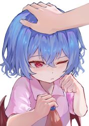 Rule 34 | 1girl, 1other, absurdres, ascot, ayo rimaisu, bat wings, blue hair, closed mouth, collared shirt, commentary, hands up, headpat, highres, one eye closed, pink shirt, red ascot, red eyes, remilia scarlet, shirt, short hair, simple background, touhou, upper body, white background, wings