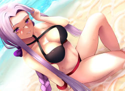 Rule 34 | 1girl, absurdres, beach, bikini, black bikini, bracelet, braid, breasts, fate/grand order, fate/hollow ataraxia, fate/stay night, fate (series), glasses, highres, jewelry, large breasts, legs, lips, long hair, looking at viewer, medusa (fate), medusa (rider) (fate), navel, on floor, purple eyes, purple hair, relpama, ribbon, sitting, smile, solo, stomach, swimsuit, thighs, very long hair, water, wet