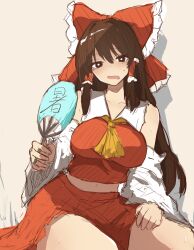 Rule 34 | 1girl, absurdres, blush, bow hairband, breasts, brown hair, cropped shirt, detached sleeves, hair tubes, hairband, hakurei reimu, hand fan, highres, holding, holding fan, large breasts, looking at viewer, moriforest1040, navel, paper fan, red shirt, red skirt, shirt, sidelocks, simple background, sketch, skirt, sleeveless, sleeveless shirt, solo, sweatdrop, touhou