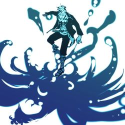 Rule 34 | 1boy, blue fire, blue theme, fighting stance, fire, full body, jolly roger, male focus, marco (one piece), monochrome, one piece, open clothes, open shirt, pirate, sandals, sash, shirt, solo, tattoo