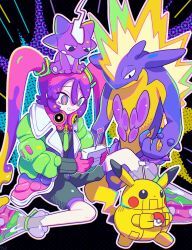 Rule 34 | 1girl, black background, black jumpsuit, blonde hair, blue eyes, coat, commentary, controller, creatures (company), emphasis lines, game freak, gen 1 pokemon, gen 8 pokemon, gloves, green sleeves, grin, hatsune miku, highres, holding, holding remote control, jumpsuit, knee up, long hair, long sleeves, looking at object, multicolored eyes, multicolored hair, nagomi ( nagomi ), nintendo, open clothes, open coat, pikachu, pink eyes, pink gloves, pink hair, platform footwear, poison miku (project voltage), poke ball, pokemon, pokemon (creature), project voltage, puffy long sleeves, puffy sleeves, purple hair, purple outline, remote control, robot, short jumpsuit, sitting, smile, solo, toxel, toxtricity, toxtricity (amped), twintails, very long hair, vocaloid, zipper, zipper pull tab