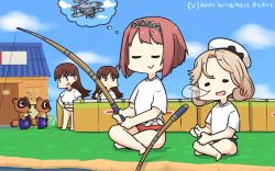 Rule 34 | 4girls, aircraft, airplane, animal crossing, ark royal (kancolle), bikini, bikini bottom only, bikini under clothes, biplane, blonde hair, blue sky, blunt bangs, bob cut, brown eyes, brown hair, closed eyes, cloud, commentary request, crossover, dated, day, dreaming, dual persona, fairey swordfish, fence, fishing line, fishing rod, hairband, hamu koutarou, hands on own hips, hat, highres, holding, holding fishing rod, house, indian style, janus (kancolle), kantai collection, long hair, multiple girls, nintendo, nose bubble, ooi (kancolle), outdoors, parted bangs, red hair, sailor hat, shirt, short hair, sitting, sky, sleeping, swimsuit, swimsuit under clothes, tanuki, thought bubble, tiara, tied shirt, timmy (animal crossing), tommy (animal crossing), white headwear, white shirt, x navel