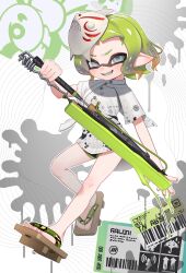 1girl absurdres black_shorts blue_pupils commission dolphin_shorts full_body geta green_hair grey_eyes grin highres holding holding_weapon inkling inkling_girl inkling_player_character looking_at_viewer mask mask_on_head nintendo no_socks pointy_ears print_shirt puchiman second-party_source shirt short_hair short_sleeves shorts smile solo splatana_wiper_(splatoon) splatoon_(series) splatoon_3 splatter_print tentacle_hair v-shaped_eyebrows weapon white_shirt wide_sleeves