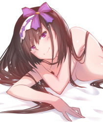 Rule 34 | 1girl, black hair, blush, breasts, fate/grand order, fate (series), female focus, large breasts, long hair, looking at viewer, low twintails, lying, on stomach, osakabehime (fate), purple eyes, smile, solo, topless frame, twintails, upper body, white background, xion32