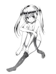 Rule 34 | barefoot, blush, breasts, cleavage, feet, greyscale, long hair, monochrome, original, panties, piiko (aa doushiyou), single thighhigh, sitting, thighhighs, thighhighs pull, topless, twintails, underwear, underwear only