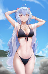 Rule 34 | 1girl, absurdres, ahoge, alternate costume, alternate hairstyle, arms up, bare arms, beach, bell, bikini, black bikini, blue hair, blush, breasts, cleavage, cowboy shot, faruhan, front-tie top, ganyu (genshin impact), genshin impact, goat horns, gradient eyes, groin, hands on own head, highleg, highleg bikini, highres, horns, jewelry, long hair, looking at viewer, medium breasts, multicolored eyes, navel, neck bell, necklace, outdoors, purple eyes, see-through, shawl, sideboob, sidelocks, solo, standing, stomach, swimsuit, wristband