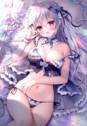 Rule 34 | 1girl, absurdres, babydoll, bare arms, bare shoulders, black babydoll, black panties, breasts, cleavage, detached collar, fang, flower, frills, hair flower, hair ornament, hand on own stomach, hand up, highres, large breasts, lingerie, long hair, looking at viewer, lying, mitsuba choco, navel, on back, open mouth, original, panties, red eyes, scan, side-tie panties, smile, solo, spaghetti strap, stomach, strap slip, string panties, thighs, underwear, underwear only, very long hair, white hair, wrist cuffs