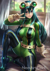 Rule 34 | 1girl, :p, aqua hair, arm up, artist name, asui tsuyu, bed sheet, belt, black footwear, blue eyes, blurry, blurry background, bodysuit, boku no hero academia, boots, breasts, closed mouth, curtains, depth of field, facepaint, gloves, goggles, goggles on head, green bodysuit, hair between eyes, indoors, knee up, large breasts, long hair, looking at viewer, neoartcore, on bed, patreon logo, patreon username, sitting, smile, solo, straight hair, thigh boots, thighhighs, tongue, tongue out, very long hair, w, white gloves, window