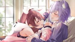Rule 34 | 2girls, animal ear fluff, animal ears, black jacket, blush, bow hairband, brown hair, cat girl, closed eyes, collared shirt, commentary request, day, dog ears, dog girl, extra ears, facing another, fur-trimmed sleeves, fur trim, hair ornament, hairband, highres, hololive, hoso-inu, indoors, inugami korone, inugami korone (loungewear), jacket, long hair, long sleeves, maki oimo, medium hair, multiple girls, nail polish, nekomata okayu, nekomata okayu (oversized shirt), official alternate costume, official alternate hairstyle, open clothes, open jacket, open mouth, own hands clasped, own hands together, pink nails, pom pom (clothes), pom pom hair ornament, purple hair, shirt, smile, sunlight, upper body, virtual youtuber, white shirt, window, yellow nails