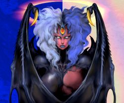 Rule 34 | 1other, absurdres, androgynous, blue hair, colored skin, extra eyes, highres, lips, nose, red skin, solid eyes, upper body, white hair, wings, witnesstheabsurd, yu-gi-oh!, yu-gi-oh! gx, yubel