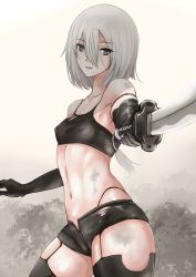 Rule 34 | 1girl, armpits, bare shoulders, black bra, black panties, black shorts, black thighhighs, blue eyes, bra, breasts, collarbone, covered erect nipples, cowboy shot, elbow gloves, foreshortening, garter straps, gloves, gradient background, hair between eyes, highres, holding, holding sword, holding weapon, looking at viewer, mole, mole under mouth, navel, nier (series), nier:automata, nonoririn, outstretched arm, panties, parted lips, shiny skin, short hair, short shorts, shorts, silver hair, small breasts, solo, sports bra, stomach, sword, tassel, thighhighs, underwear, unsheathed, weapon, a2 (nier:automata)
