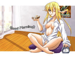 Rule 34 | 00s, 1girl, :p, alarm clock, barefoot, bottomless, breasts, clock, dress shirt, elf, feet, food, master of epic, medium breasts, ootsuki wataru, open clothes, open shirt, original, pointy ears, shirt, sleeves rolled up, solo, tongue, tongue out