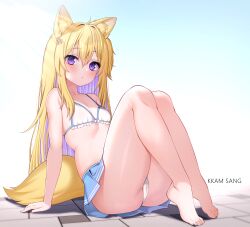 Rule 34 | 1girl, absurdres, animal ear fluff, animal ears, arm support, ass, bare arms, bare legs, bare shoulders, barefoot, bikini, blonde hair, blue skirt, breasts, closed mouth, colored inner hair, commission, expressionless, feet, flower, fox ears, fox girl, fox tail, frilled bikini, frills, hair flower, hair ornament, highres, kkam-sang, knees up, long hair, looking at viewer, midriff, miniskirt, multicolored hair, original, plantar flexion, pleated skirt, purple eyes, purple hair, sitting, skirt, small breasts, solo, strap gap, string bikini, swimsuit, tail, thighs, toes, two-tone hair, white bikini