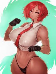 Rule 34 | 1girl, aqua background, bare shoulders, black gloves, black panties, breasts, covered erect nipples, fumio (rsqkr), gloves, highres, large breasts, looking at viewer, midriff, navel, necktie, panties, red eyes, red hair, short hair, solo, the king of fighters, thong, toned, underwear, vanessa (kof), white background, wide hips