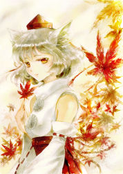 Rule 34 | 1girl, animal ears, autumn leaves, bad id, bad pixiv id, breasts, detached sleeves, hat, holding, holding leaf, inubashiri momiji, keiko (mitakarawa), leaf, looking at viewer, maple leaf, pom pom (clothes), red eyes, short hair, silver hair, skirt, smile, solo, tokin hat, touhou, wolf ears