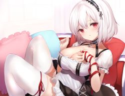 Rule 34 | 1girl, azur lane, blush, breasts, choker, cleavage, collarbone, commentary request, dress, from side, hair between eyes, hairband, highres, lace-trimmed hairband, lace trim, large breasts, looking at viewer, maosame, pillow, puffy sleeves, red eyes, red ribbon, ribbon, short hair, short sleeves, sirius (azur lane), sitting, solo, thighhighs, white dress, white hair, white thighhighs