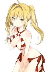 Rule 34 | 10s, 1girl, ahoge, bikini, blonde hair, breasts, cleavage, collarbone, fate/extra, fate/grand order, fate (series), gloves, green eyes, groin, hair intakes, halterneck, leaning forward, long hair, looking at viewer, lpip, medium breasts, nero claudius (fate), nero claudius (fate) (all), nero claudius (swimsuit caster) (fate), simple background, sketch, solo, striped bikini, striped clothes, swimsuit, twintails, white background, white gloves