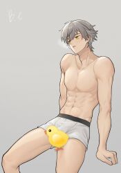 1boy abs absurdres bird caelus_(honkai:_star_rail) duck emoji grey_hair hair_between_eyes highres honkai:_star_rail honkai_(series) male_focus male_underwear muscular muscular_male navel open_mouth short_hair solo stomach topless_male trailblazer_(honkai:_star_rail) underwear white_male_underwear yellow_eyes youzhayaomu