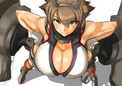 Rule 34 | 10s, 1girl, anchor, bad id, bad twitter id, bare shoulders, breasts, brown hair, cleavage, from above, gloves, huge breasts, kantai collection, looking at viewer, mutsu (kancolle), nuezou, short hair, simple background, smile, solo
