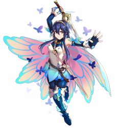 Rule 34 | 1girl, belt, blue eyes, blue hair, boots, bug, butterfly, cape, detached sleeves, dootmoon, falchion (fire emblem), fingerless gloves, fire emblem, fire emblem awakening, fire emblem heroes, full body, gloves, hair between eyes, highres, holding, holding sword, holding weapon, insect, long hair, lucina (fire emblem), nintendo, official alternate costume, sheath, smile, solo, sword, thigh boots, thighhighs, tiara, twitter username, weapon, white background