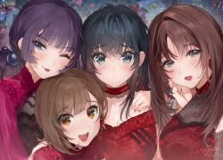 Rule 34 | 4girls, artist logo, artist name, black hair, blush, breasts, brown hair, choker, cleavage, closed mouth, dress, earrings, floral background, grey eyes, hair bobbles, hair ornament, half-closed eye, hand on another&#039;s shoulder, hand up, jewelry, kanojo (ogino atsuki), lips, long hair, looking at viewer, maria (ogino atsuki), medium breasts, mole, mole under eye, multiple girls, one eye closed, open mouth, original, purple hair, raised eyebrows, red dress, short sleeves, sidelocks, sleeveless, sleeveless dress, stud earrings, tassel, tassel earrings, ten ten (ogino atsuki), tongue, tongue out, upper body, yanyo (ogino atsuki), yellow eyes, yui (ogino atsuki)