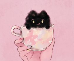 Rule 34 | :q, animal, animal focus, black cat, cat, chromatic aberration, cup, film grain, fluffy, hands up, holding, holding cup, in container, in cup, kitten, looking at viewer, moricky, multicolored nails, muted color, nail polish, original, out of frame, pink background, simple background, smile, solo focus, teacup, tongue, tongue out