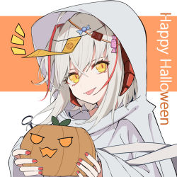 Rule 34 | 1girl, :p, ahoge, antennae, arknights, crossed bangs, cube (cuberoot-of-e), demon horns, food, ghost costume, grey hair, hair between eyes, halloween costume, hands up, happy halloween, holding, holding food, holding pumpkin, holding vegetable, hood, hood up, horns, looking at viewer, nail polish, notice lines, ofuda, ofuda on head, orange background, pumpkin, red nails, short hair, solo, tongue, tongue out, two-tone background, upper body, vegetable, w (arknights), white background, yellow eyes