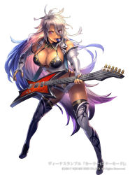 Rule 34 | 1girl, bare shoulders, belt, boots, breasts, buttons, cleavage, commentary request, copyright name, cuboon, dark-skinned female, dark skin, elbow gloves, electric guitar, female focus, fingerless gloves, full body, gloves, guitar, hair over one eye, highres, holding, instrument, large breasts, lips, long hair, midriff, mouth hold, official art, plectrum, purple eyes, shiny clothes, shiny skin, short shorts, shorts, silver hair, simple background, sleeveless, solo, thigh boots, thighhighs, venus rumble, very long hair, white background, white thighhighs