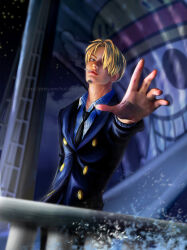 Rule 34 | 1boy, asymmetrical bangs, black necktie, blonde hair, cigarette, closed mouth, curly eyebrows, formal, hair over one eye, highres, jolly roger, looking at viewer, male focus, necktie, one eye covered, one piece, realistic, sanji (one piece), short hair, solo, straw hats jolly roger, suit, yibi